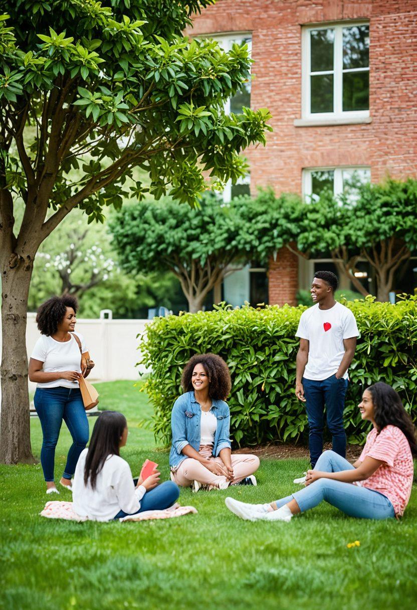 A warm and inviting college campus setting featuring diverse young adults engaging in open conversations about relationships and self-care. Incorporate symbols of love and wellness like heart shapes and plants, with a backdrop of educational buildings and blossoming trees. Use vibrant colors to evoke a sense of positivity and acceptance. Include elements representing healthy dating, such as laughter and shared activities. vibrant colors. super-realistic.