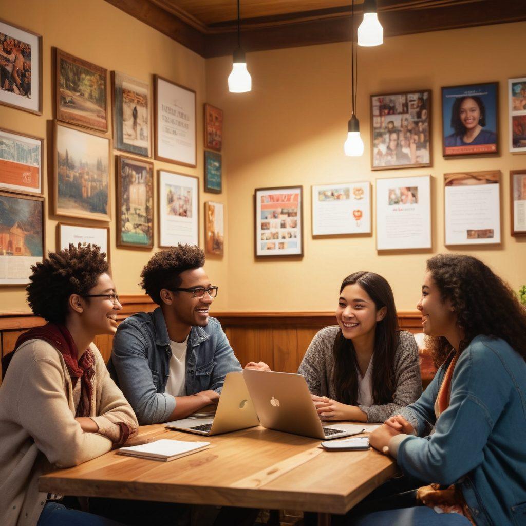A diverse group of university students sitting together in a cozy coffee shop, sharing heartfelt conversations, laughter, and supportive gestures. The background features university-related elements like books, laptops, and colorful posters on the walls to indicate an engaging learning environment. Warm, inviting lighting creates a sense of intimacy and connection. super-realistic. vibrant colors. cozy atmosphere.