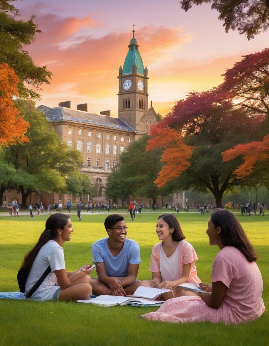 A diverse group of university students sitting together on a campus green, sharing laughter and engaging in deep conversation about relationships. In the background, iconic campus buildings are visible, and a soft sunset casts a warm glow. Some students are taking notes from a colorful guidebook on love and wellbeing. The scene conveys a sense of community, support, and education about healthy relationships. vibrant colors. super-realistic.